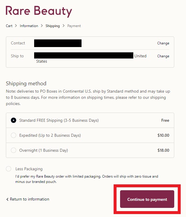 Rare Beauty US Shopping Tutorial 6: choose shipping method