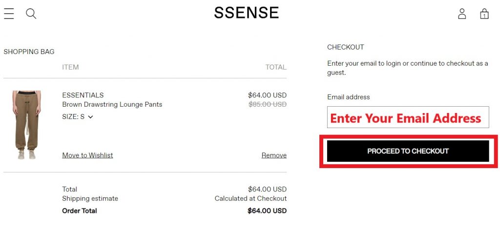 SSENSE US Shopping Tutorial 5: enter your email to checkout as guest