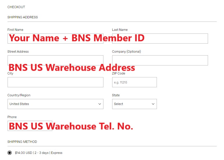 SSENSE US Shopping Tutorial 6: enter BNS US warehouse address as shipping address