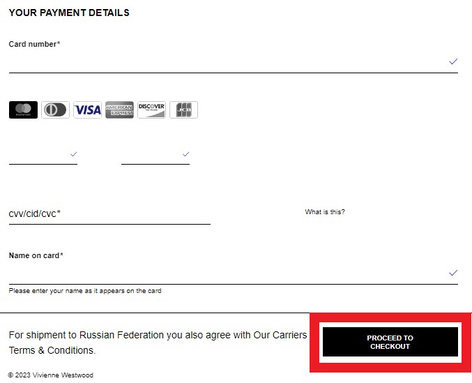 Vivienne Westwood UK Shopping Tutorial 7: enter payment card details and proceed to checkout