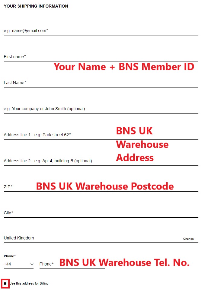 Vivienne Westwood UK Shopping Tutorial 6: enter BNS UK warehouse address as shipping address