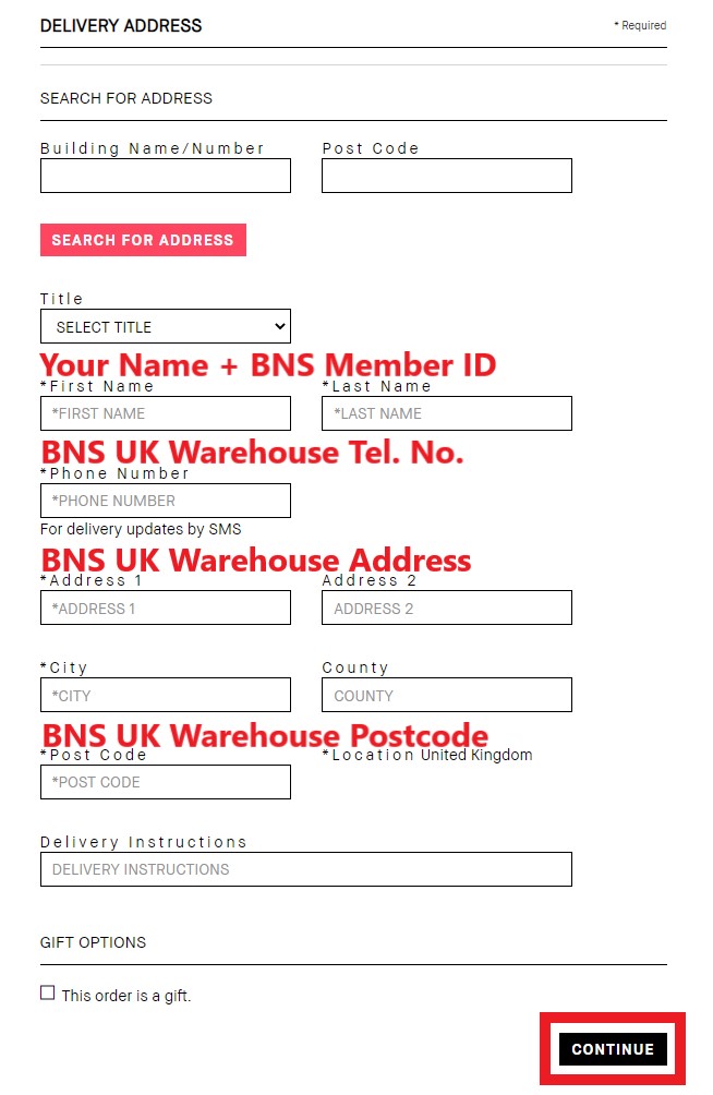 Bobbi Brown UK Shopping Tutorial 7: enter BNS UK warehouse address as your shipping address