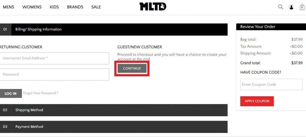 MLTD US Shopping Tutorial 5: checkout as guest, or log in