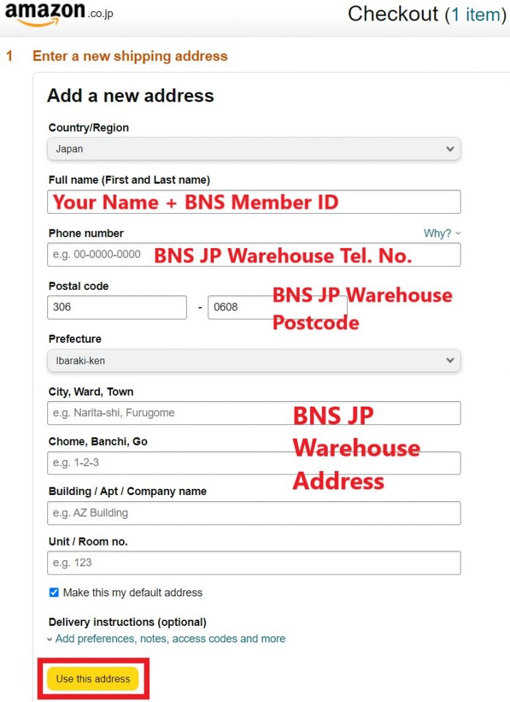 Amazon JP Shopping Tutorial 3: add BNS JP warehouse address as shipping address