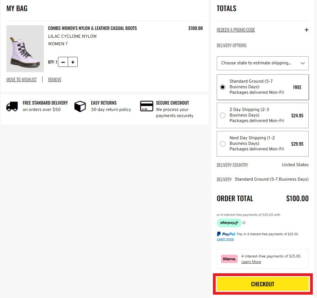 Dr Martens US Shopping Tutorial 5: double check cart items and checkout