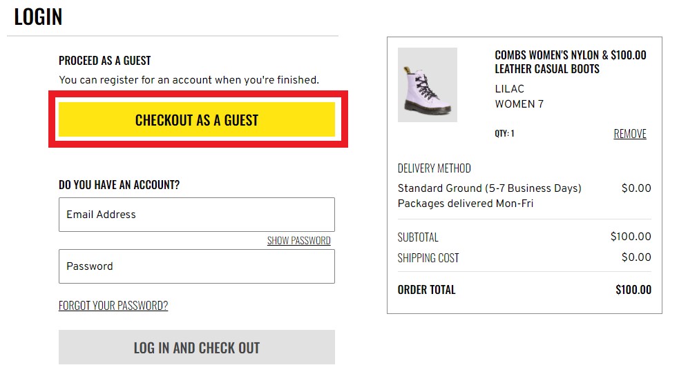 Dr Martens US Shopping Tutorial 6: guest checkout 