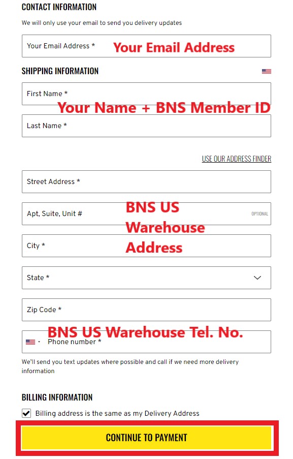 Dr Martens US Shopping Tutorial 7: enter BNS US warehouse address as your shipping address