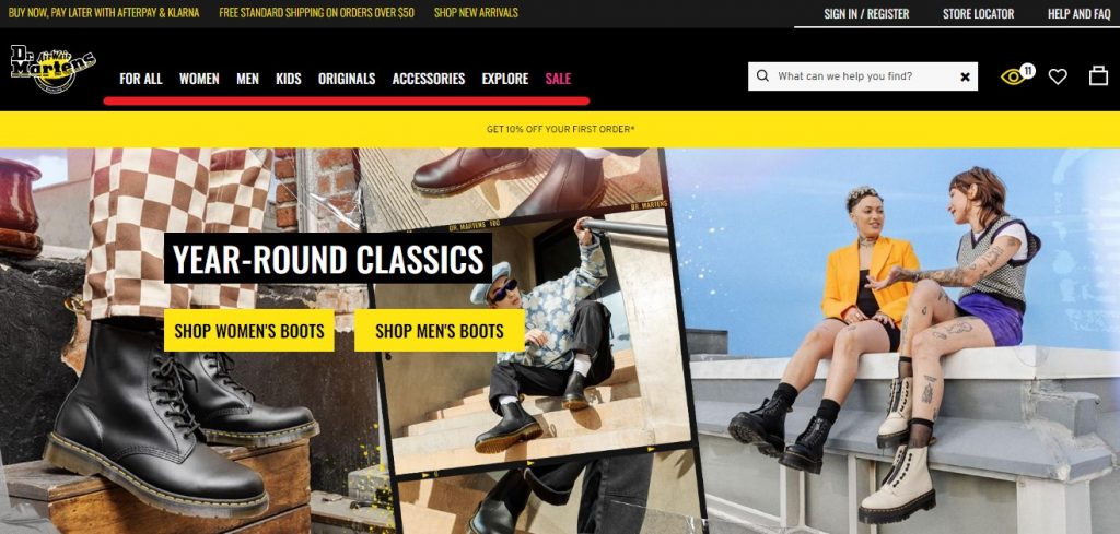 Dr Martens US Shopping Tutorial 3: visit webiste and start browsing 