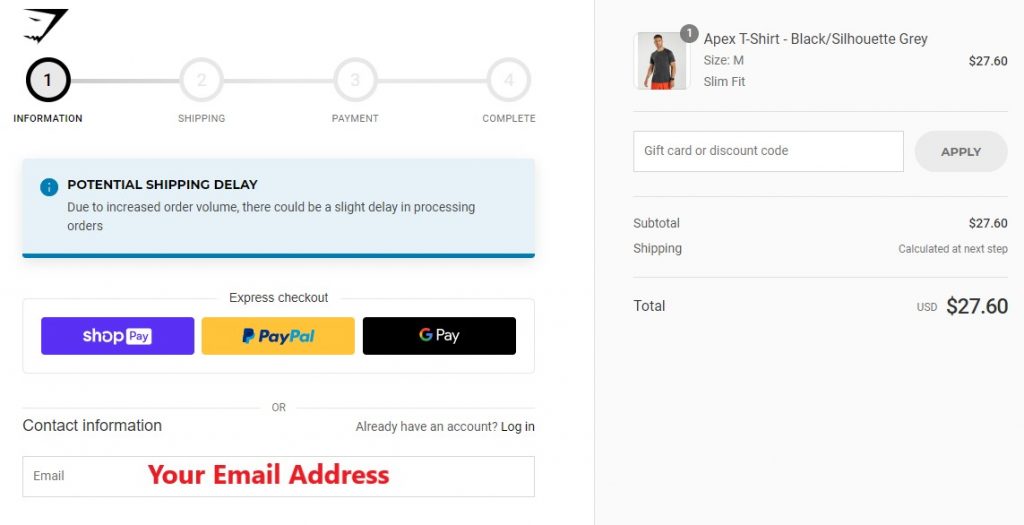 Gymshark US Shopping Tutorial 5: enter email address