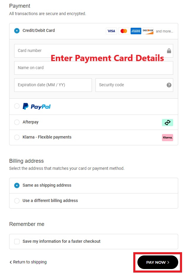 Gymshark US Shopping Tutorial 8: choose payment method and pay