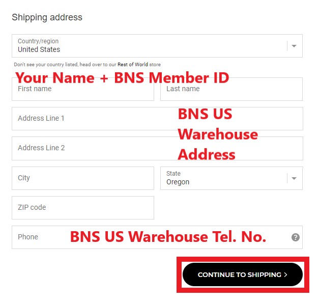 Gymshark US Shopping Tutorial 6: enter BNS US warehouse address as shipping address