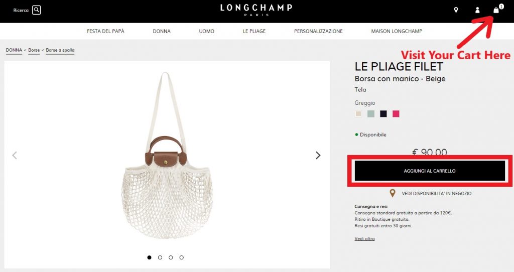 Longchamp IT Shopping Tutorial 4: add items into cart