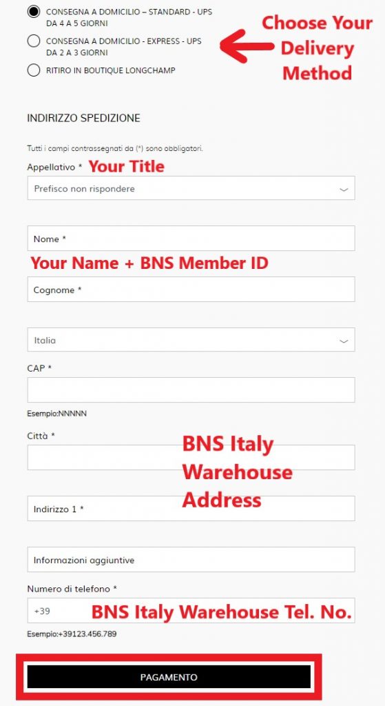 Longchamp IT Shopping Tutorial 7: choose delivery method, enter BNS Italy warehouse address as shipping address