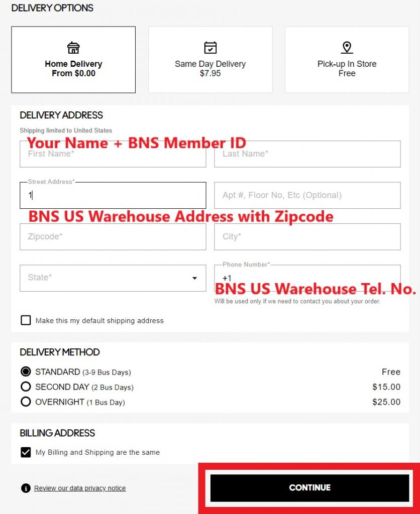 MAC US Shopping Tutorial 9: enter BNS US warehouse address as shipping address
