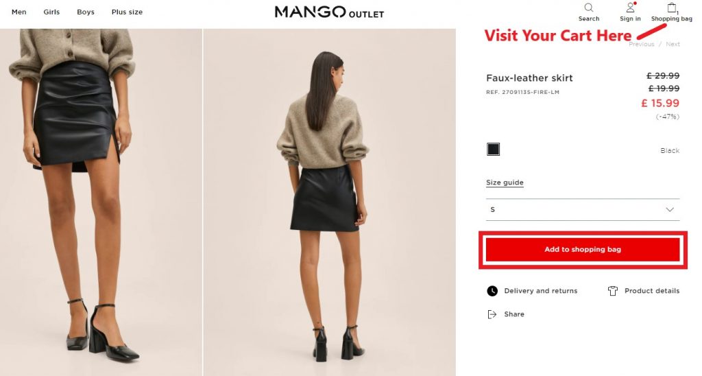 Mango Outlet UK Shopping Tutorial 4: add items into cart