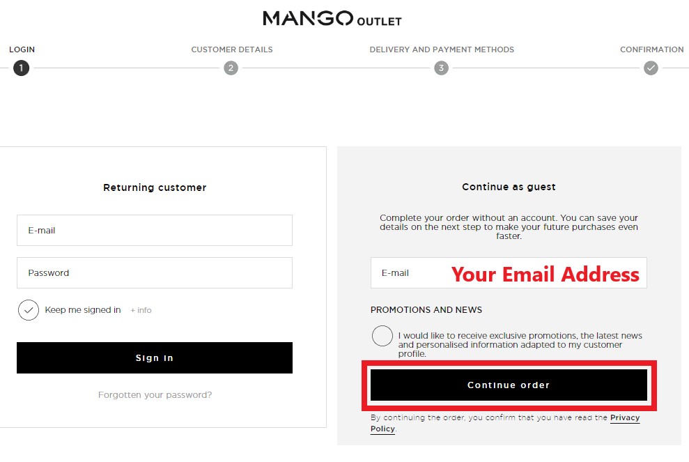 Mango Outlet UK Shopping Tutorial 5: checkout as guest 