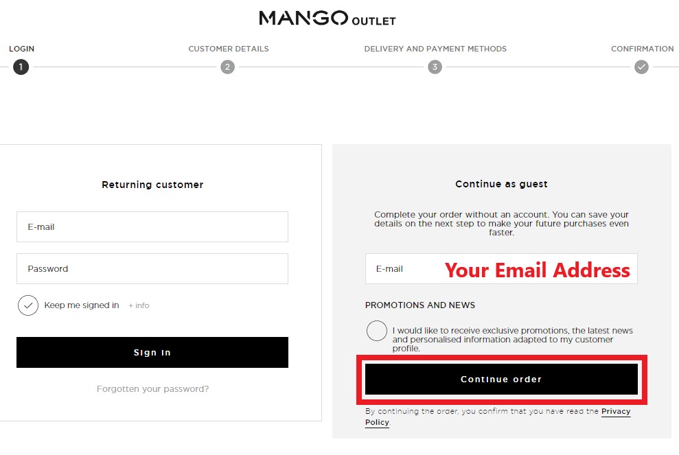 Mango Outlet UK Shopping Tutorial 5: checkout as guest