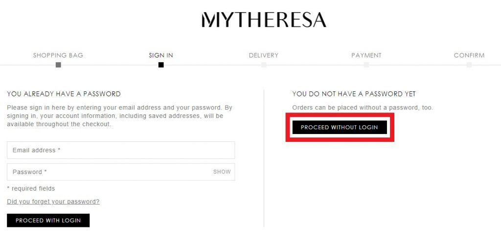 Mytheresa IT Shopping Tutorial 6: checkout as guest or log in