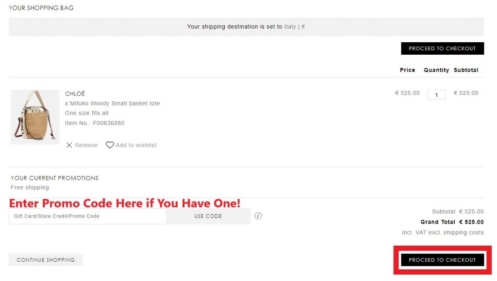 Mytheresa IT Shopping Tutorial 5: go to cart and proceed to checkout