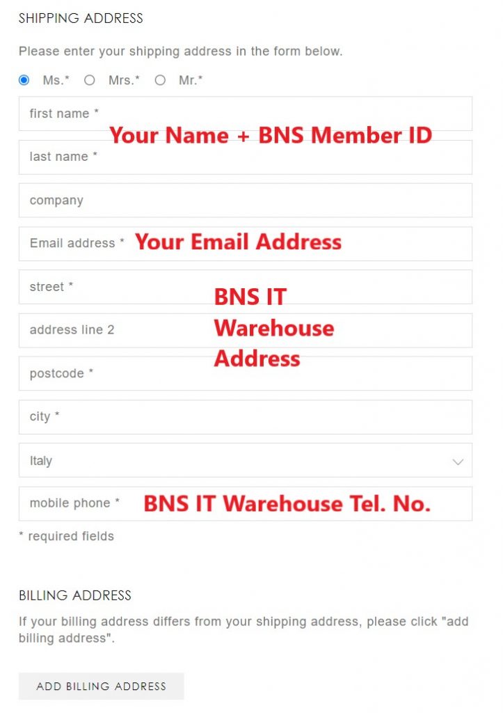 Mytheresa IT Shopping Tutorial 7: enter BNS IT warehouse address as your shipping address