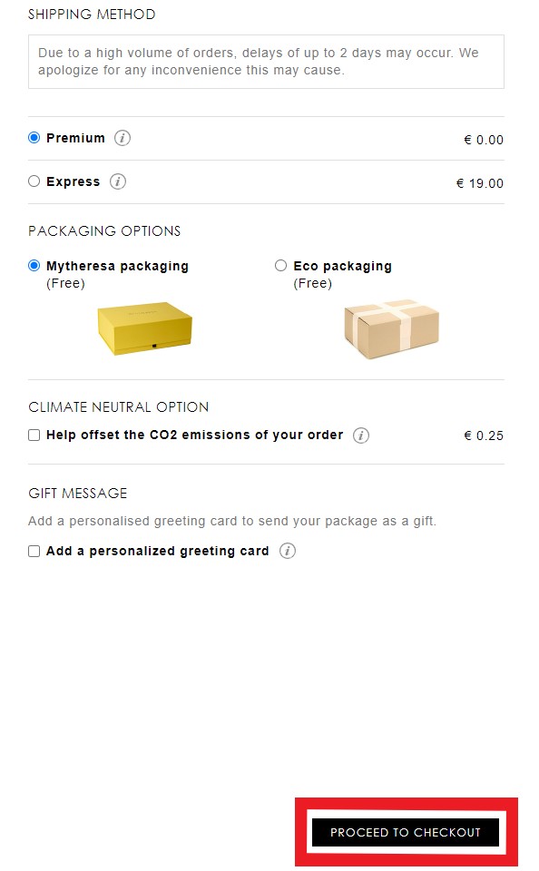 Mytheresa IT Shopping Tutorial 8; choose your shipping method 