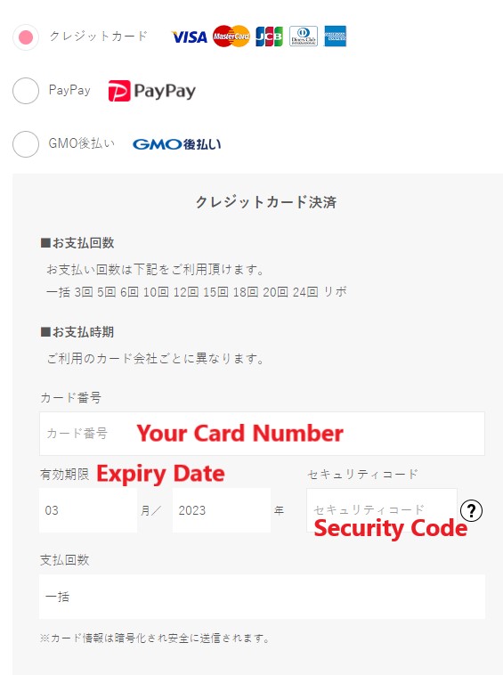 Sanrio JP Shopping Tutorial 7: choose payment method and enter credit card details