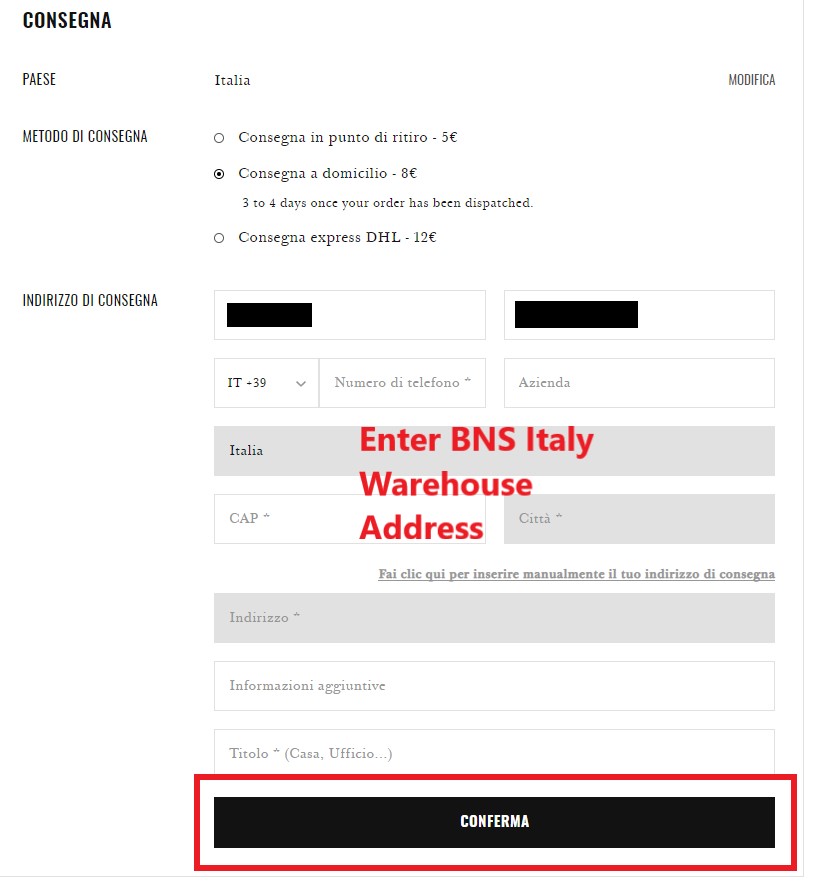 Sézane Italy Shopping Tutorial 8: fill in BNS Italy warehouse address as your shipping address