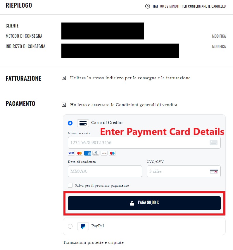 Sézane Italy Shopping Tutorial 9: choose payment method and enter payment card details