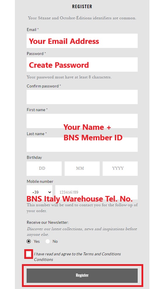 Sézane Italy Shopping Tutorial 7: fill in personal details, BNS Italy warehouse contact number