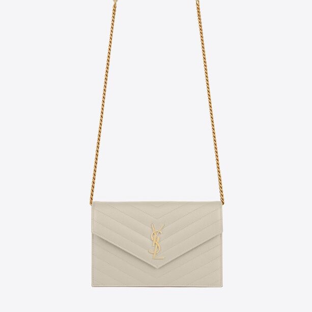 YSL Italy CASSANDRE MATELASSÉ ENVELOPE CHAIN WALLET IN GRAIN DE POUDRE EMBOSSED LEATHER