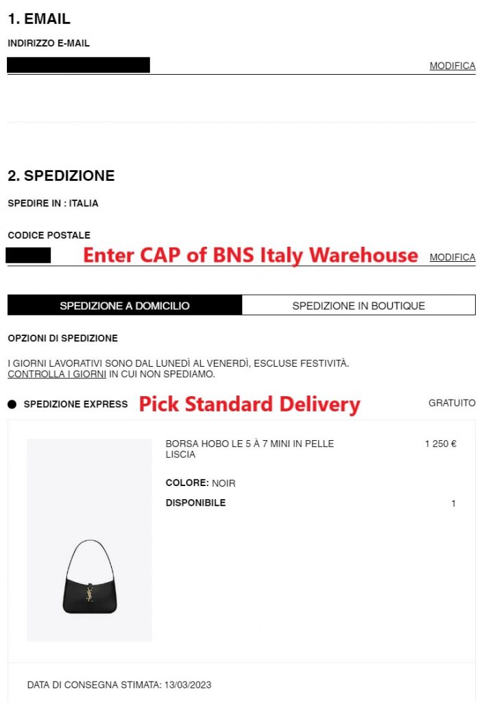 YSL IT Shopping Tutorial 6: enter BNS Italy warehosue CAP