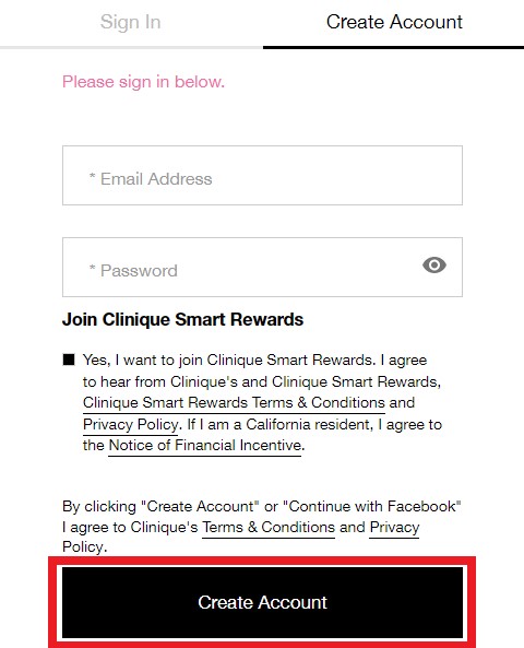 Clinique US Shopping Tutorial 4: create account with email address