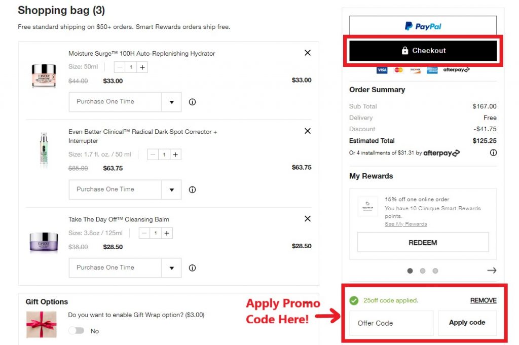 Clinique US Shopping Tutorial 6: apply promo code here 