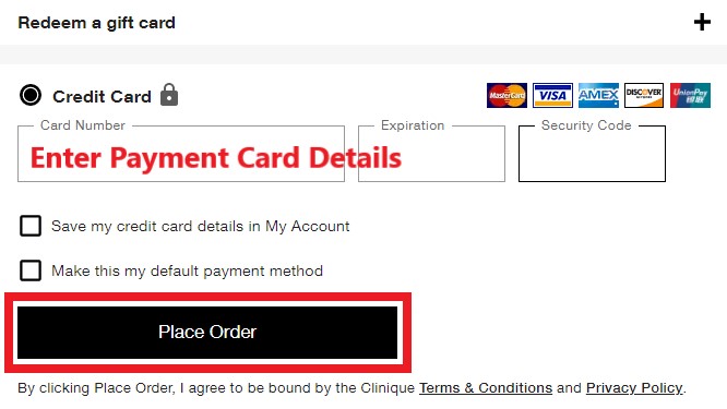 Clinique US Shopping Tutorial 8: enter payment card details and place order