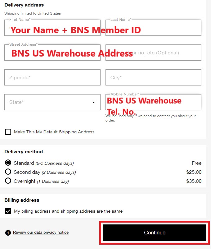 Clinique US Shopping Tutorial 7: enter BNS US warehouse address