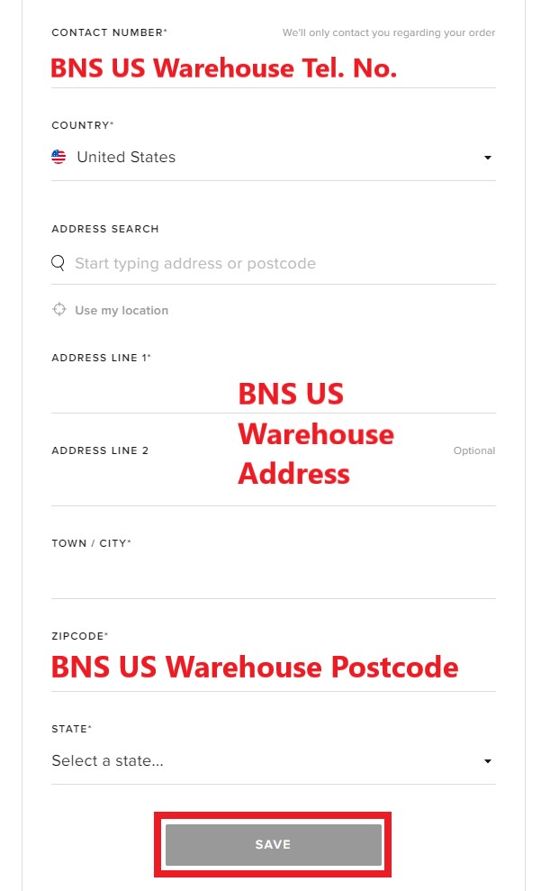 END Clothing US Shopping Tutorial 7: enter BNS US warehouse address as shipping address