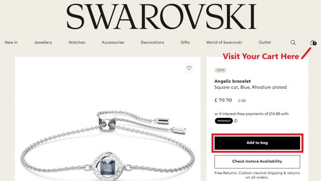 Swarovski UK Shopping Tutorial 4: Add item into shopping cart, then click checkout