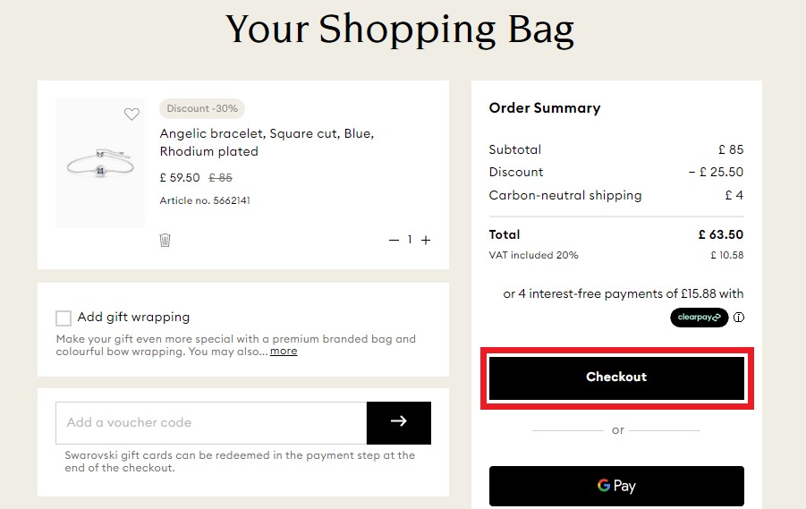 Swarovski UK Shopping Tutorial 5: Double check the items in the cart before checkout