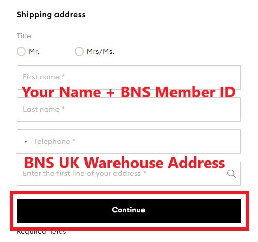 Swarovski UK Shopping Tutorial 8: fill in your buyandship UK warehouse address and contact number