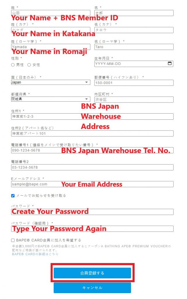BAPE Japan Shopping Tutorial 7: create password with shipping details 