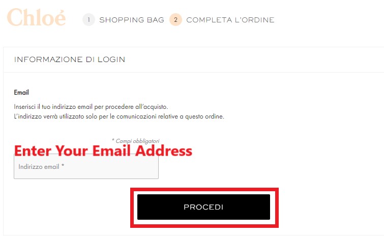 Chloé IT Shopping Tutorial 5: enter email address at checkout