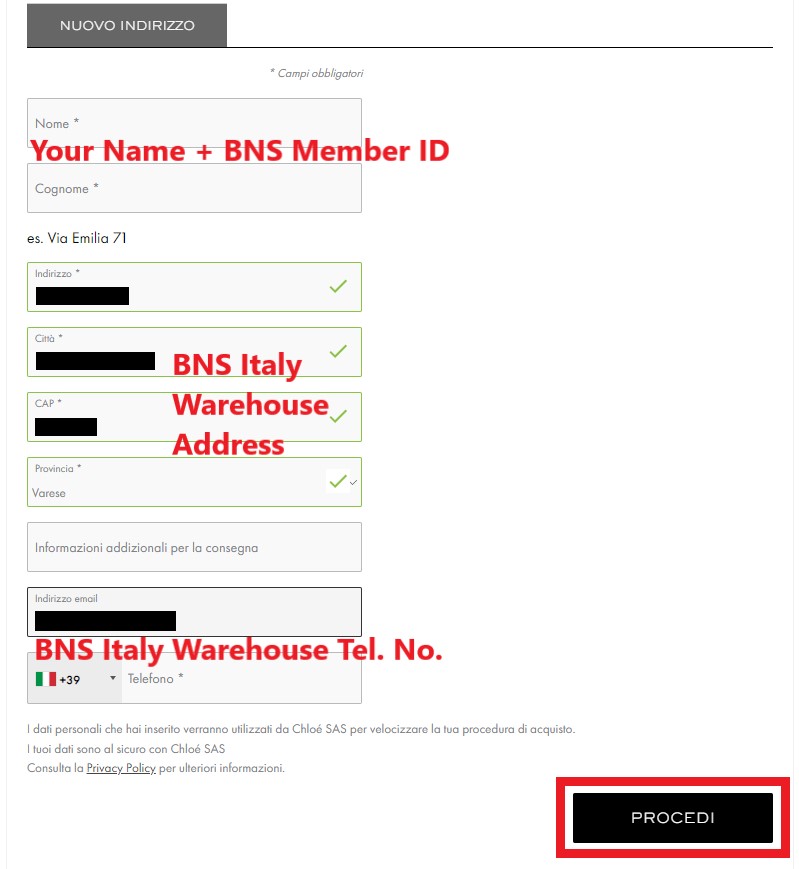 Chloé IT Shopping Tutorial 8: enter BNS Italy warehouse address as your shipping address
