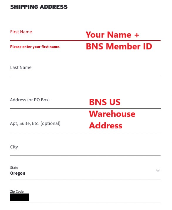 Hollistetr US Shopping Tutorial 6: fill in name with BNS US warehouse address