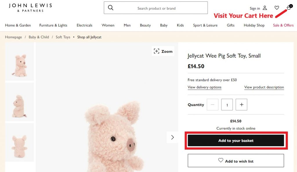 John Lewis UK Shopping Tutorial 4: add items into cart