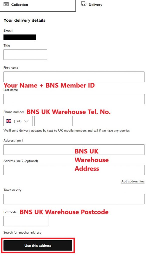 John Lewis UK Shopping Tutorial 7: enter BNS UK warehouse address