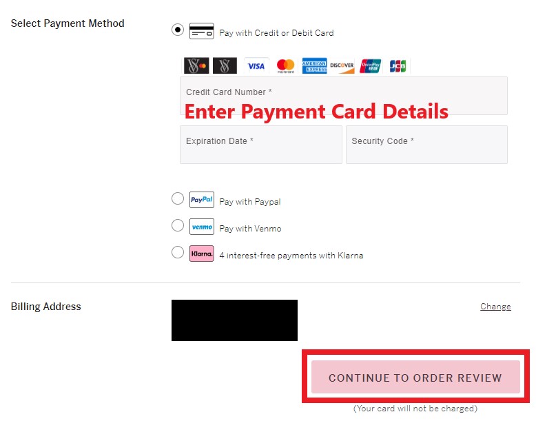Victoria Secret US Shopping Tutorial 8: choose payment and enter payment details