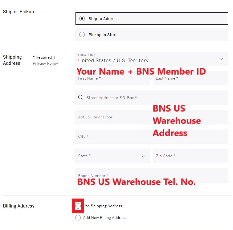 Victoria Secret US Shopping Tutorial 6: add BNS US warehouse address