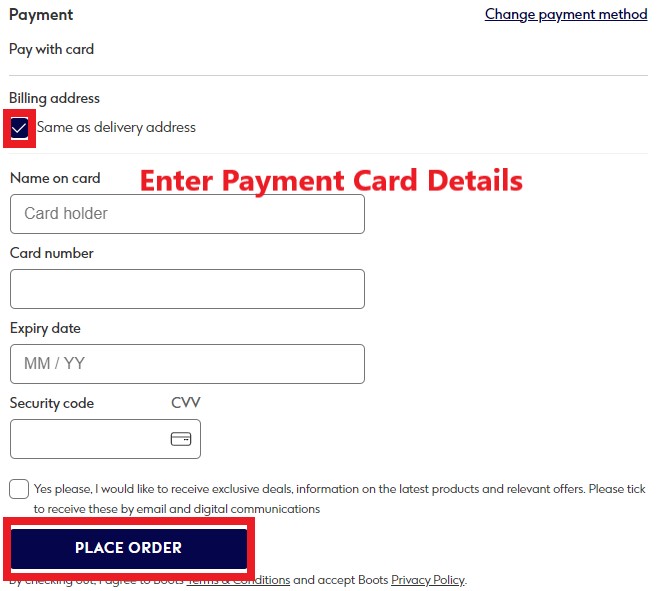 Boots UK Shopping Tutorial 9: enter payment card details