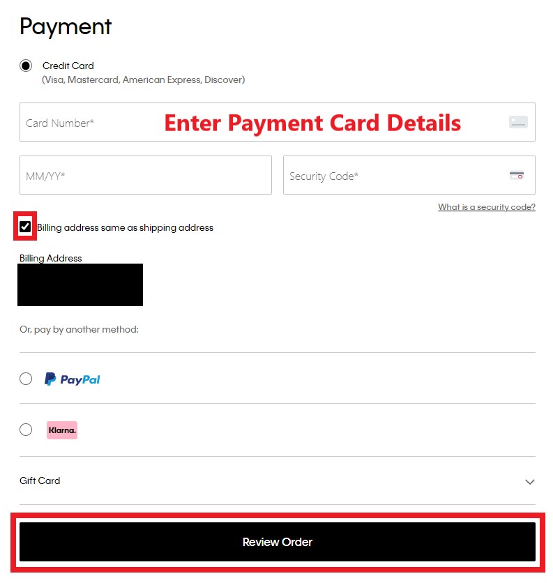 Calvin Klein US Shopping Tutorial 8: choose payment method