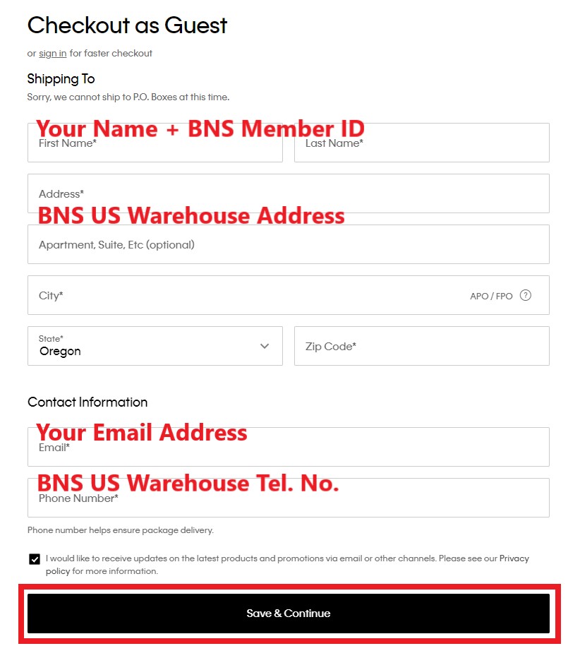 Calvin Klein US Shopping Tutorial 6: enter BNS US warehouse address as shipping address 